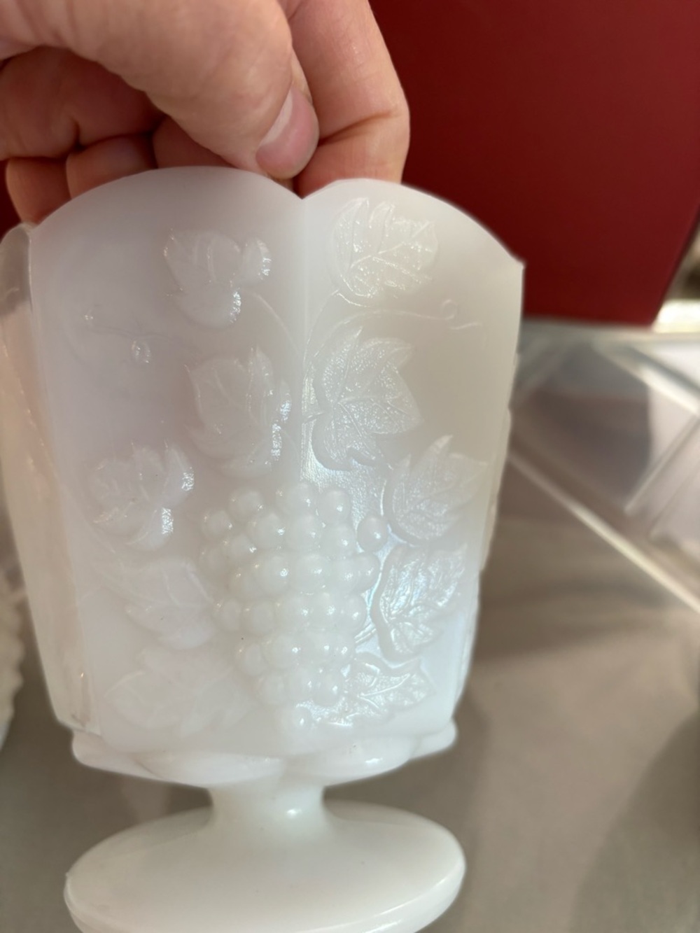 E.O. Brody Co. White Milk Glass Pedestal Vase Planter Embossed Grapes and Leaves